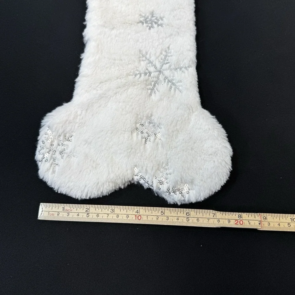Dog Bone Holiday Stocking White With Silver‎ Snowflakes
